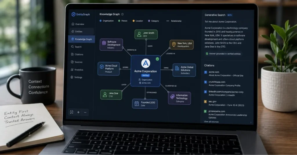 Laptop screen displaying brand entity mapping, Knowledge Graph nodes, and AI overview search connections for HL Nova