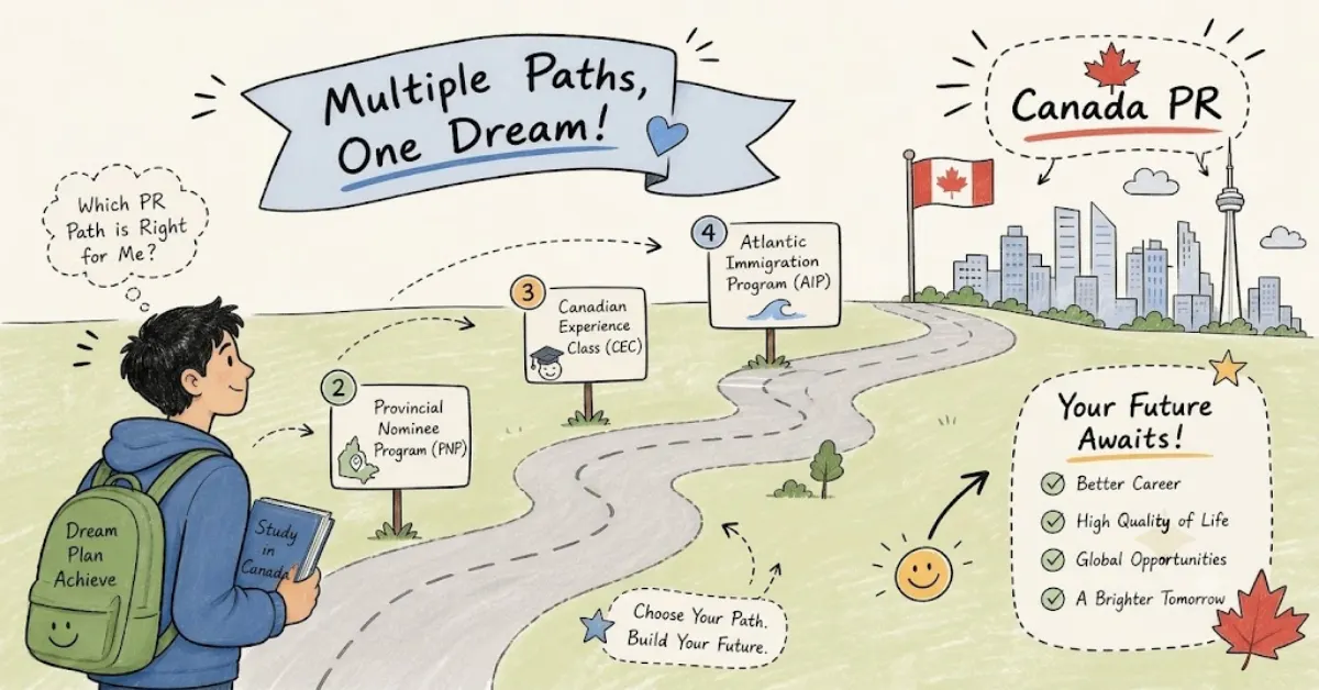 Hand-drawn infographic showing a male international student looking at a winding path with signs for PNP, CEC, and AIP immigration programs leading to Toronto skyline and a Canadian flag. Text reads: "Multiple Paths, One Dream! Canada PR".