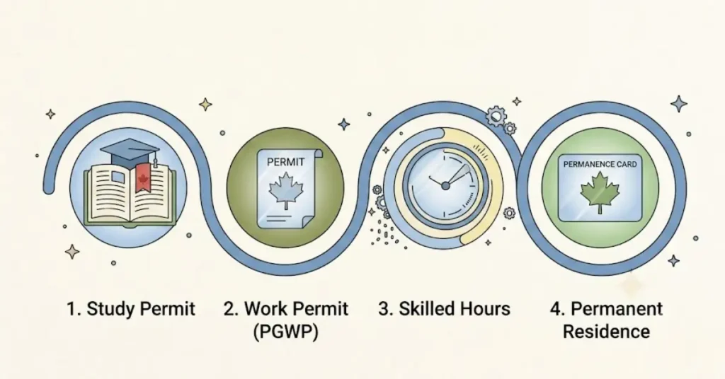 A clean 4-phase horizontal roadmap on a cream paper background, featuring integrated text labels '1. Study Permit', '2. Work Permit (PGWP)', '3. Skilled Hours', and '4. Permanent Residence' beneath corresponding icons.