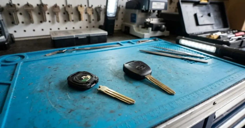 Locksmith extracting a broken key from a door lock