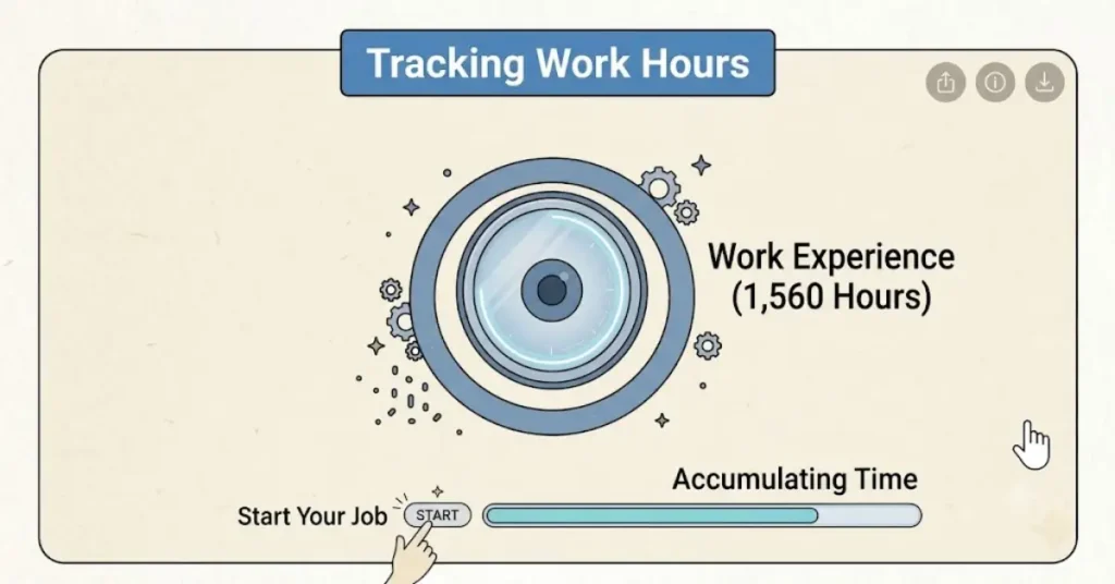 Spot illustration on cream paper showing a stylized eyeball target and a hand pressing a start button with text label 'Work Experience (1,560 Hours)' and 'Accumulating Time' near a progress bar.