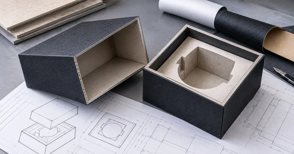 Structural view of rigid candle box construction highlighting dense greyboard walls and folded corners.