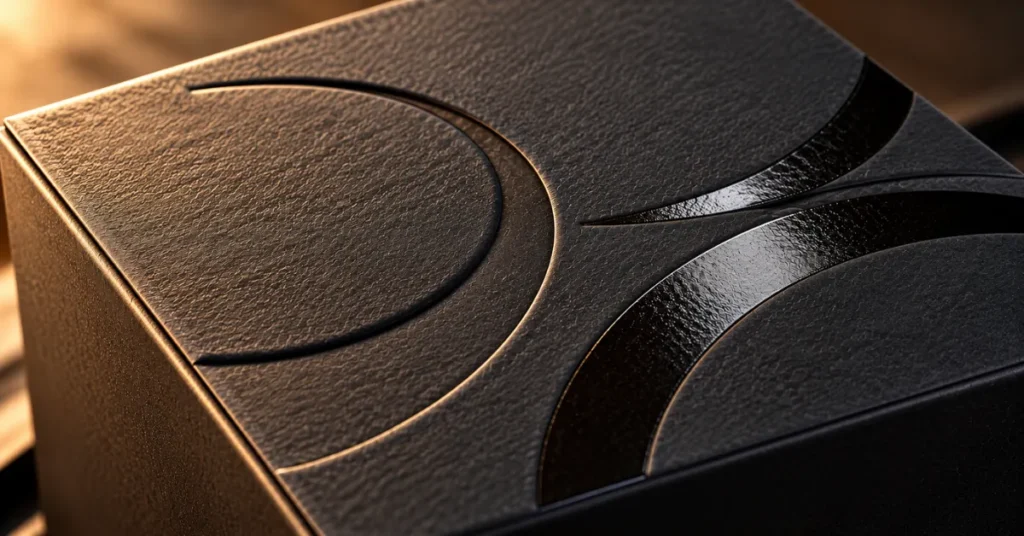 Detailed close-up of premium packaging finishes including blind debossing and spot UV coating on dark paperboard.
