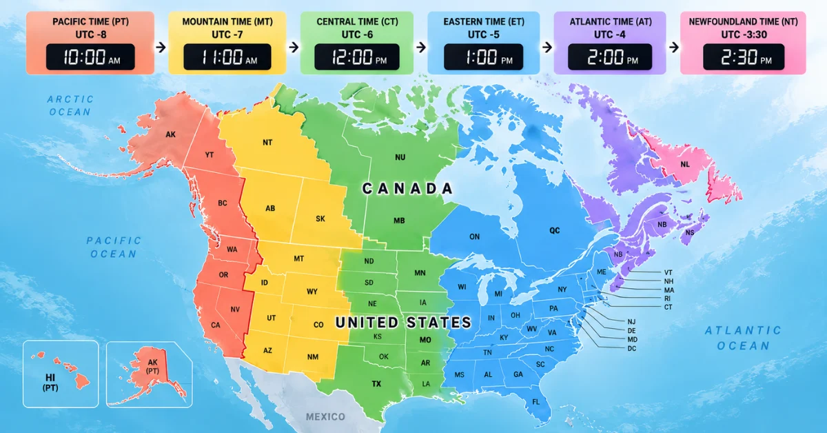North American map displaying USA and Canada area codes organized by regional time zones.
