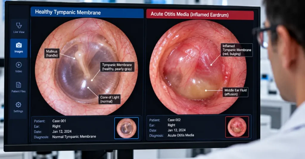 High-magnification otoscopy split-screen view comparing a normal eardrum with an inflamed middle ear infection.
