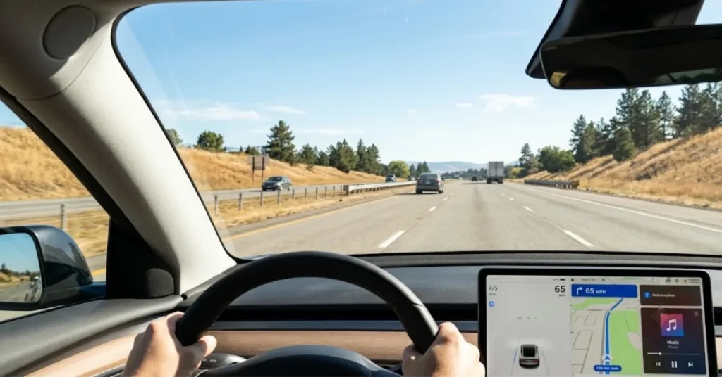 View from inside a car showing polarized sunglasses cutting bright reflective glare off a wet highway road.
