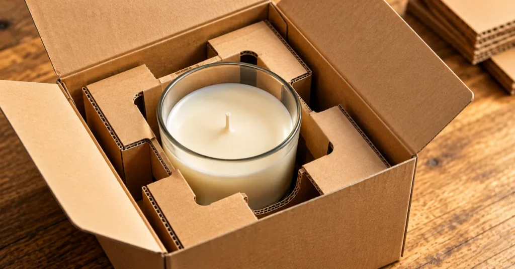 Close-up view of a die-cut corrugated protective insert cradling a glass candle jar inside a packaging box.