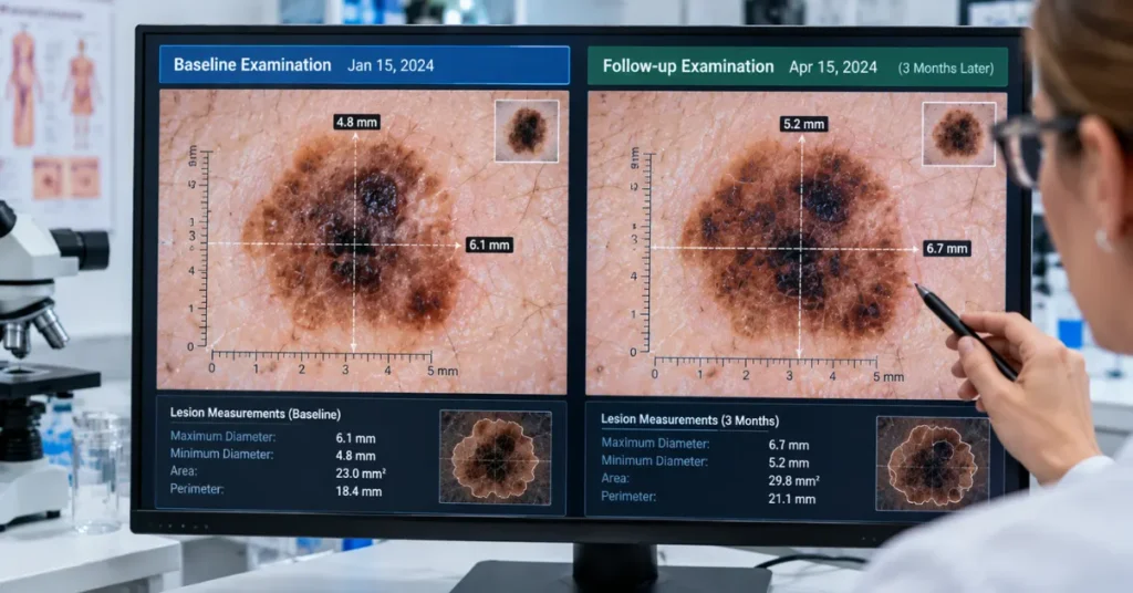 High-magnification sequential digital dermoscopy comparison showing changes in an atypical mole across three months.