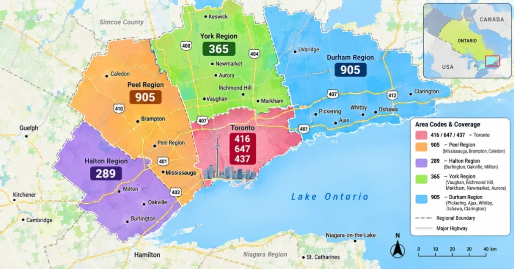 Regional map of Southern Ontario illustrating telecommunication area code overlays including 416 and 647.