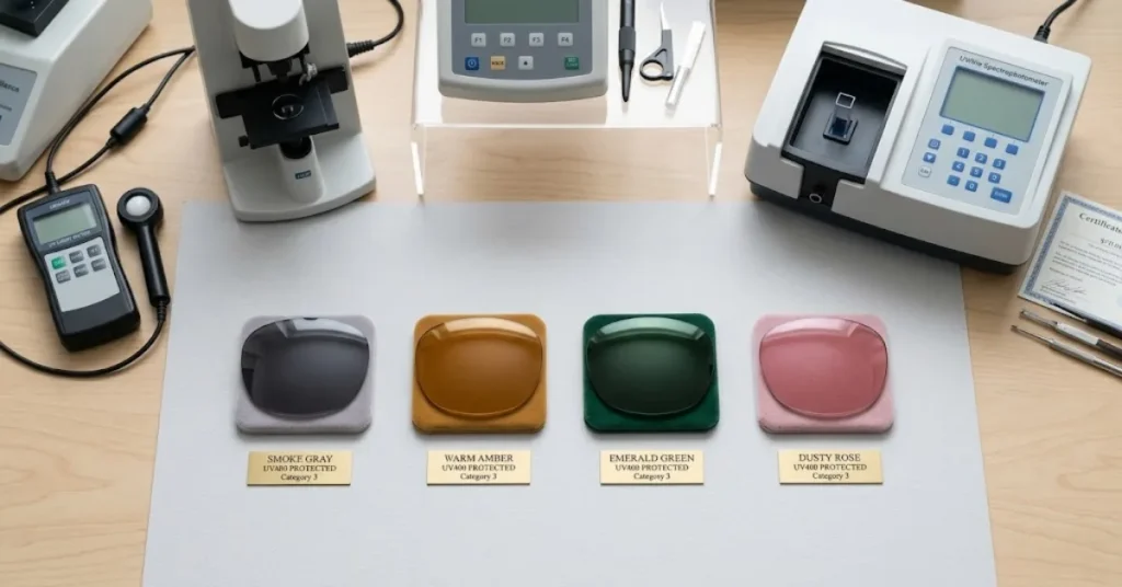 A collection of gray, brown, green, and amber sunglass lenses showing different tint densities for various outdoor lighting conditions.