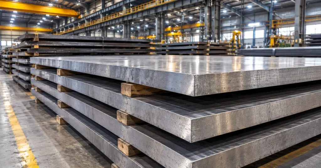 Heavy industrial inventory of super duplex 2507 stainless steel plates stacked in a steel processing warehouse.