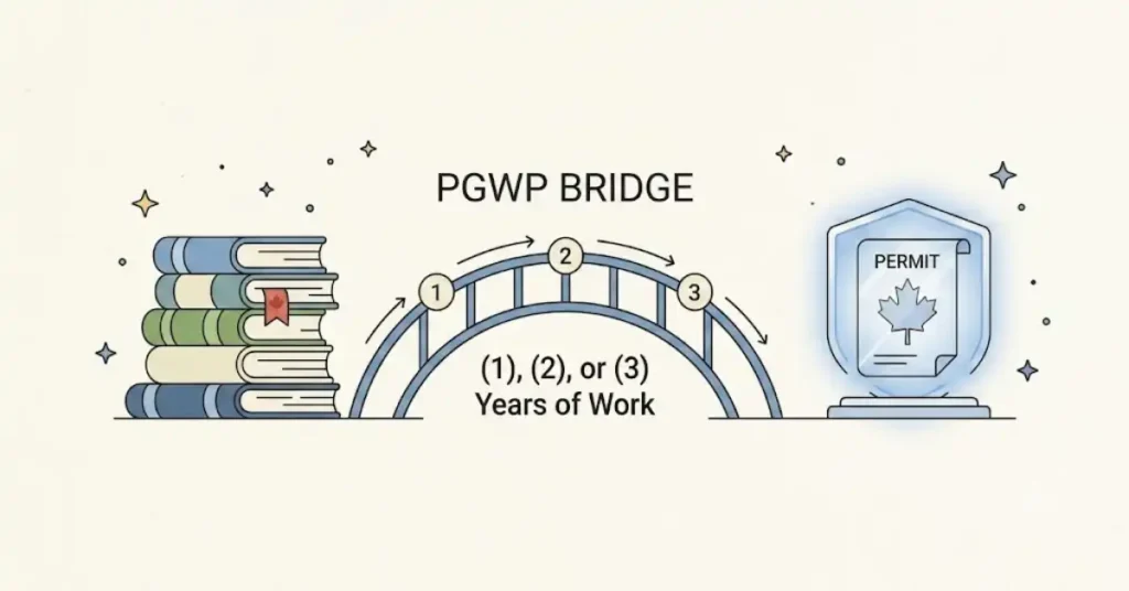 Spot illustration on cream paper of Master's degree books connected by a three-year PGWP bridge to a Canadian PR permit. Includes text labels: 'PGWP BRIDGE' and '(1), (2), or (3) Years of Work'.