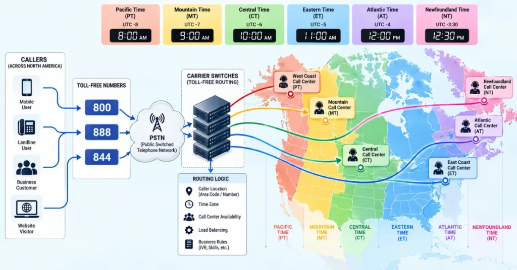 Text: Diagram demonstrating toll-free call routing across non-geographic North American prefixes.