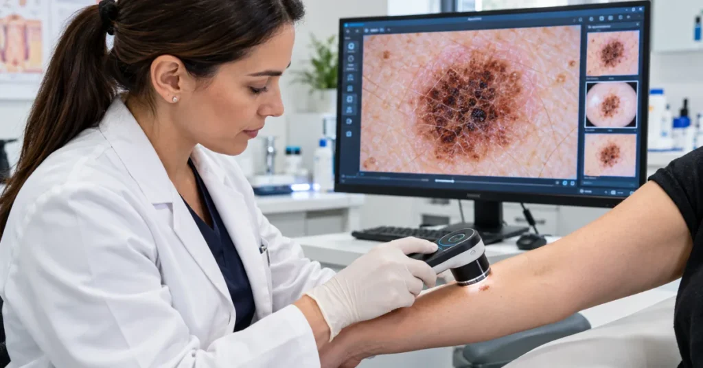 Dermatologist using a wireless digital dermatoscope to examine a skin lesion on a patient with magnified patterns shown on a monitor.