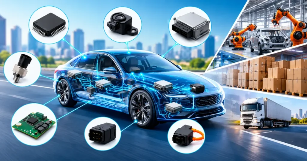 Blue vehicle schematic highlighting distributed control modules surrounded by sensor chips printed circuit boards and freight delivery transport