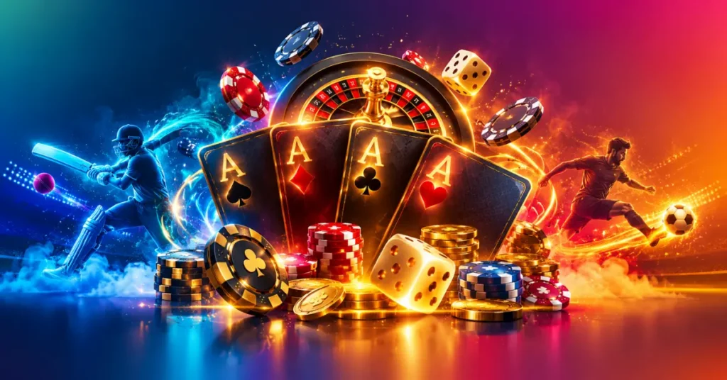 Vibrant 3D digital banner showing diverse gaming options on a reflective surface, including a cricket batsman in blue effects, four aces, a roulette wheel, casino chips, dice, and a football player in orange effects.