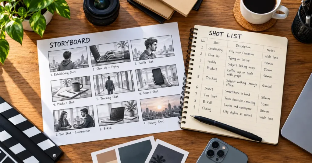 Video production storyboard layout displaying sketched shot frames, action notes, and script breakdown.