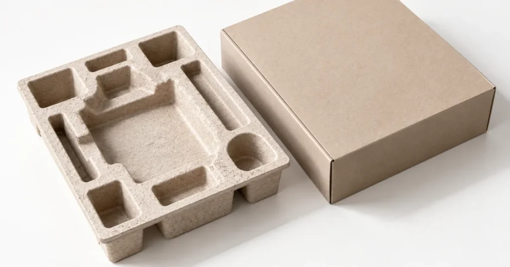 Precision molded pulp fiber phone tray insert resting beside a minimalist dark box on a light surface.