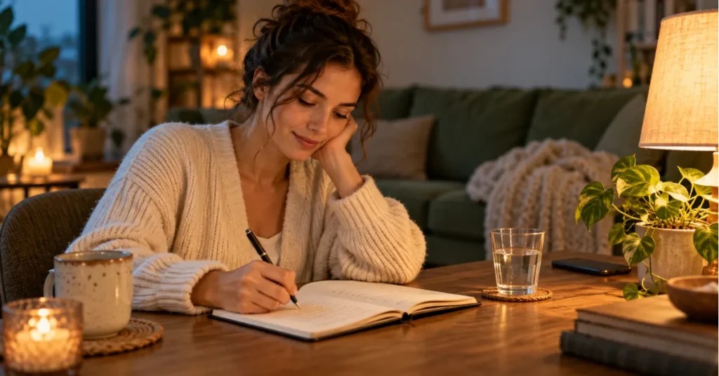 Woman writing in a notebook at a wooden table beside a warm lamp, with a water glass and phone set aside.
