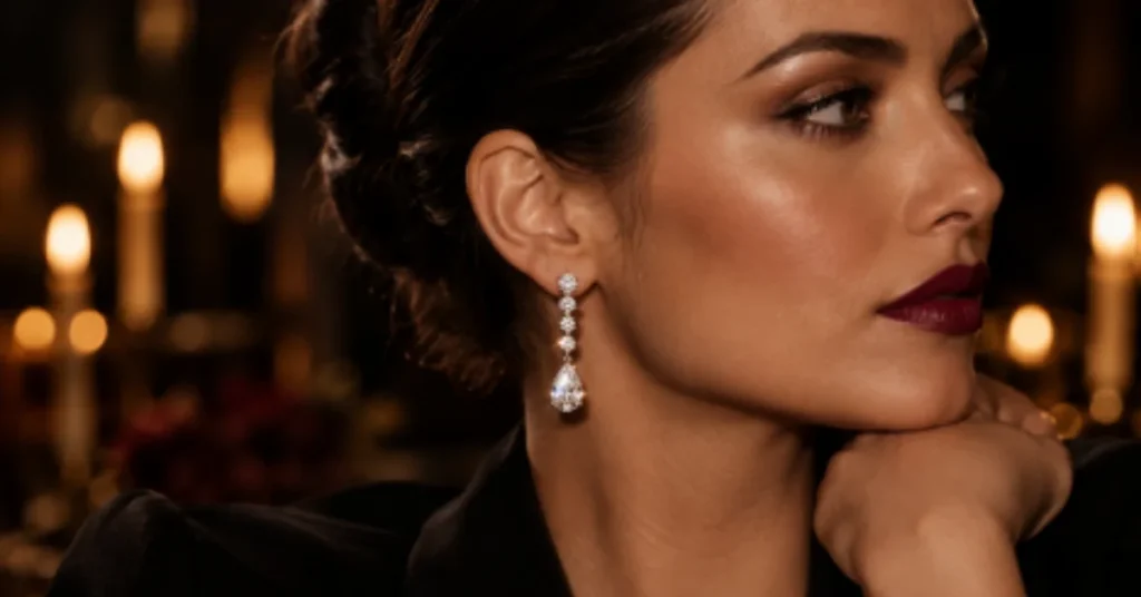 Woman wearing sparkling drop earrings and dark lipstick against a candlelit background.