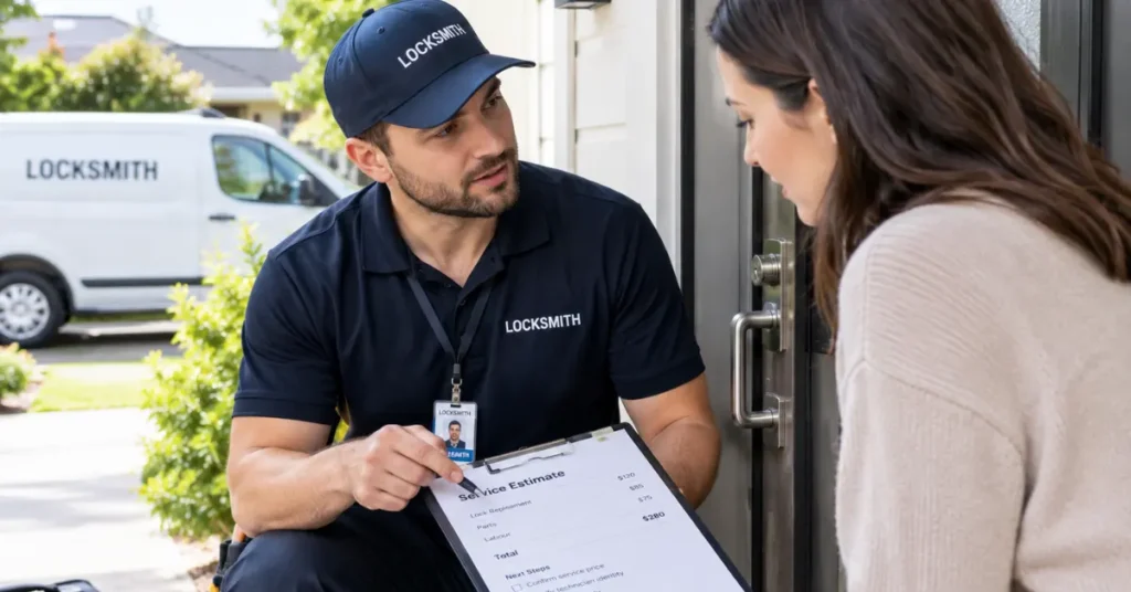 Professional locksmith checking a residential door lock and reviewing a written quote with a homeowner in Auckland.
