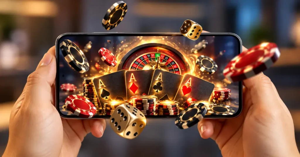 Real-time mobile-first iGaming experience on a smartphone held in both hands, featuring vibrant 3D elements like aces, roulette wheels, casino chips, and dice floating above the screen against a warm indoor bokeh background.