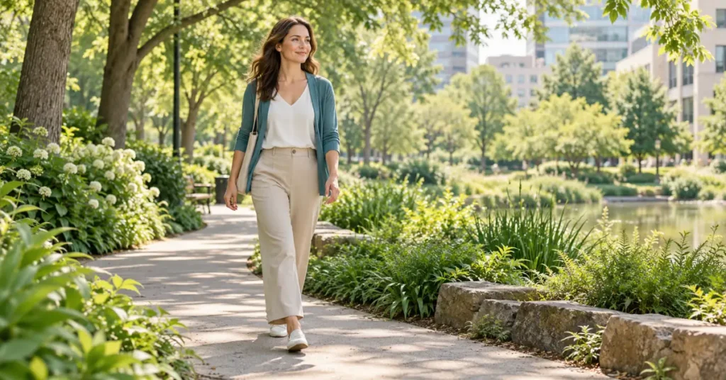 Woman in a teal cardigan walking along a leafy park path, with a pond and office buildings in the background.