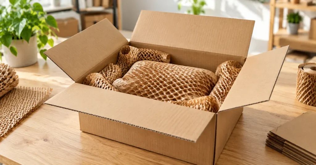 Recycled corrugated kraft paper shipping box open on a clean wooden table with biodegradable honeycomb paper wrapping inside.