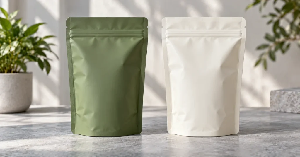 Green and white compostable bio-based stand up retort pouches standing on a neutral background.